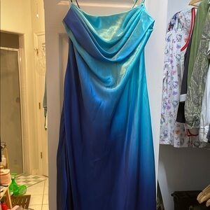 Elegant Blue & Teal Ombre Spaghetti Strap Dress with Cowl Neckline by Onyx Nite
